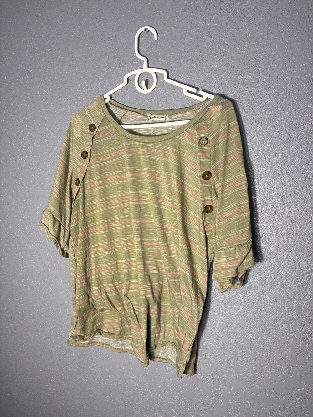 Striped Button-Accent Short Sleeve Top in Olive Green